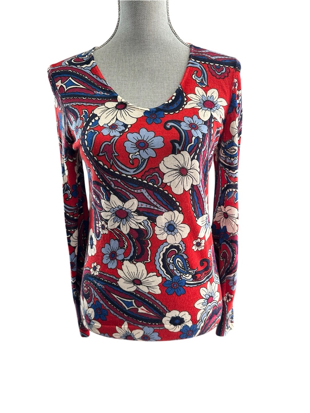 Talbots 100% Pure Merino Wool Floral Paisley Lightweight Sweater Top size Small